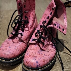 Dr. Martens Pink Combat Boots with Floral Design